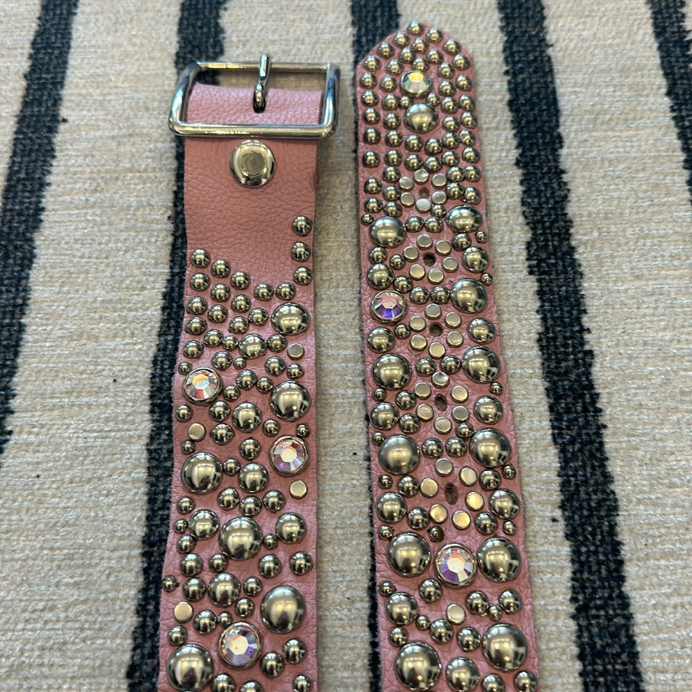 Pink leather rhinestone silver studded belt